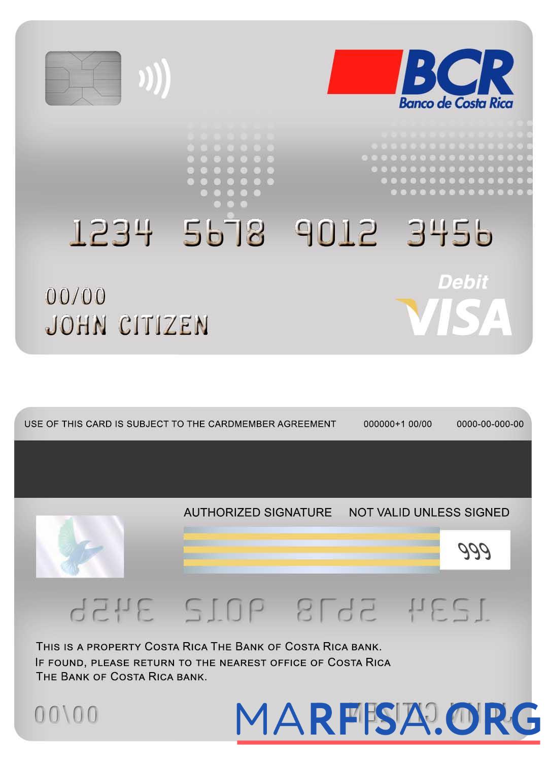 Realistic Costa Rica The Bank of Costa Rica bank visa debit card template
